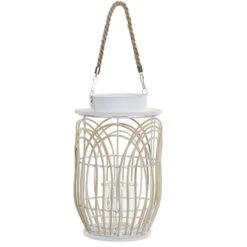 Items Lantaarn - Kaarshouder - Rotan Met Glas - Wit - 29 Cm